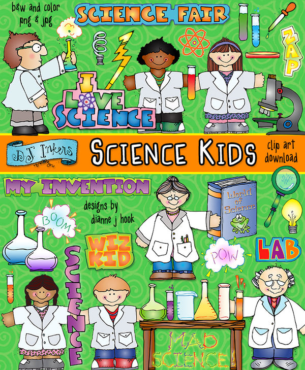Cute kids clip art for Science class, labs and experiments to make learning fun -DJ Inkers