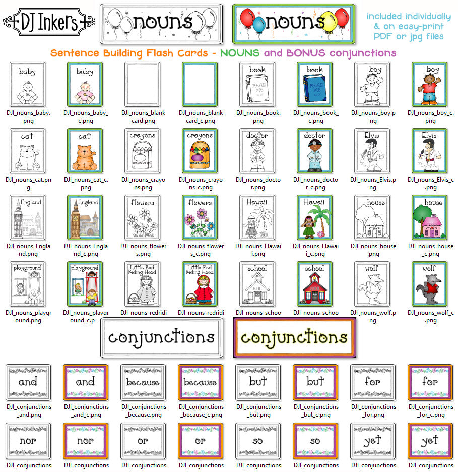 Nouns Flash Cards - Sentence Building, Parts of Speech