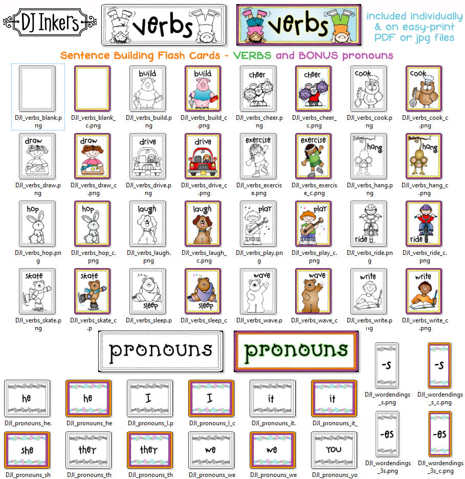 Verbs flash cards for teaching parts of speech, English Language Arts by DJ Inkers