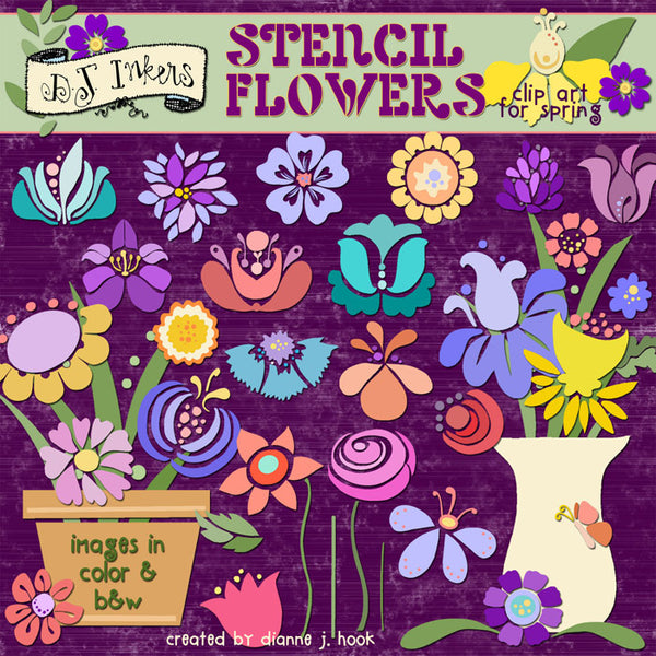 Fresh clip art flowers, leaves, stems and stencil style smiles for spring.