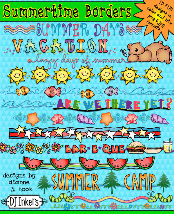 Cute clip art line borders for summer fun and digital crafting by DJ Inkers