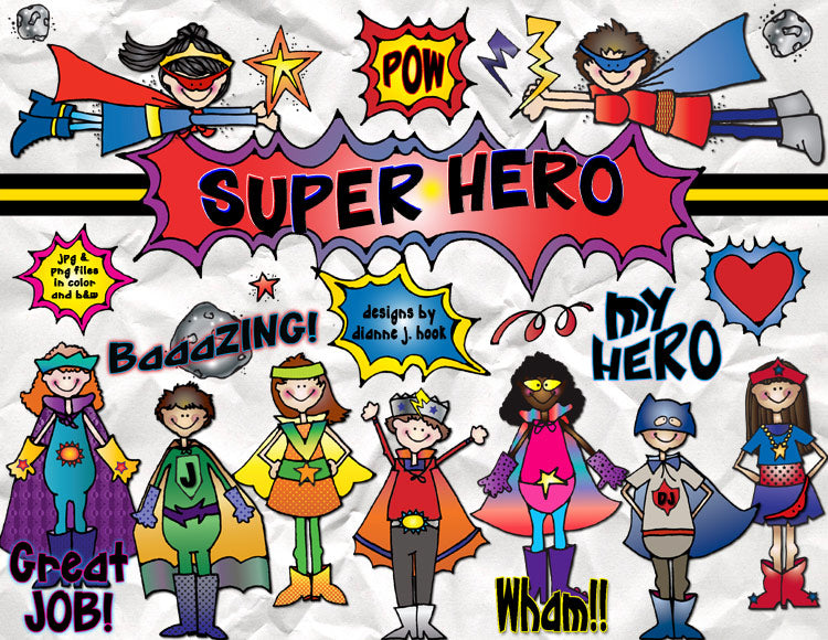 Super Hero clip art for kids, teachers and superhero fans by DJ Inkers