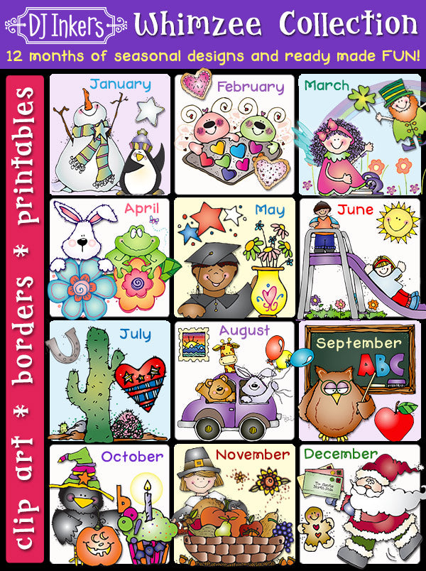 12 months of whimsical clip art, borders, backgrounds by DJ Inkers
