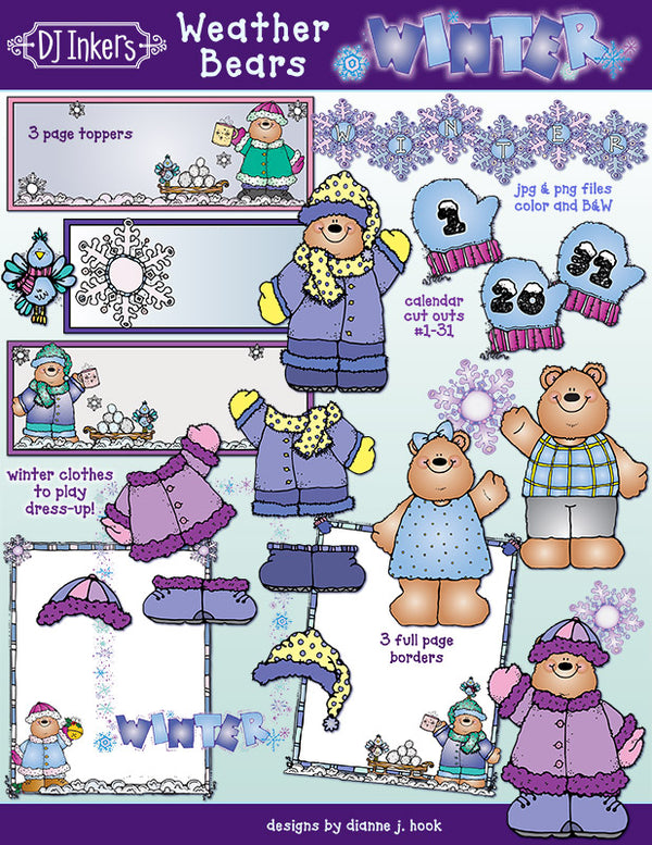 Cute clip art and dress-up bears for teaching kids about winter weather by DJ Inkers
