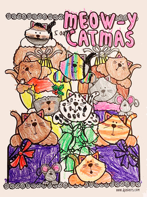 Meowy Christmas Cats Clip Art and Coloring Page