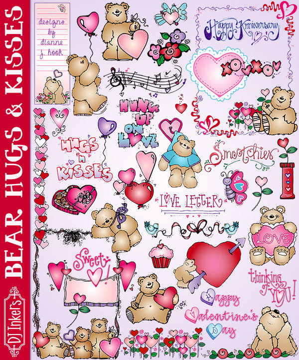 Bear Hugs and Kisses - cute Valentine clip art by DJ Inkers