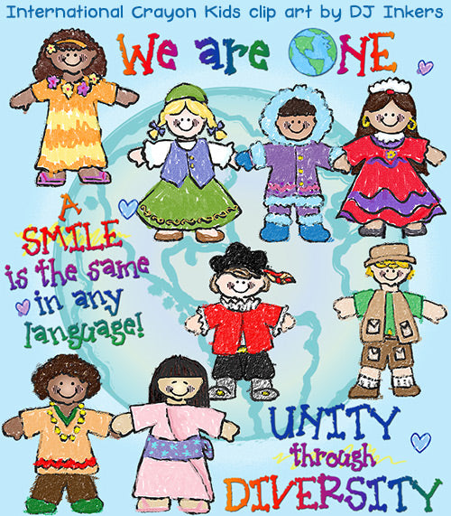Cute kids clip art for world studies, travel, culture & diversity around the world by DJ Inkers