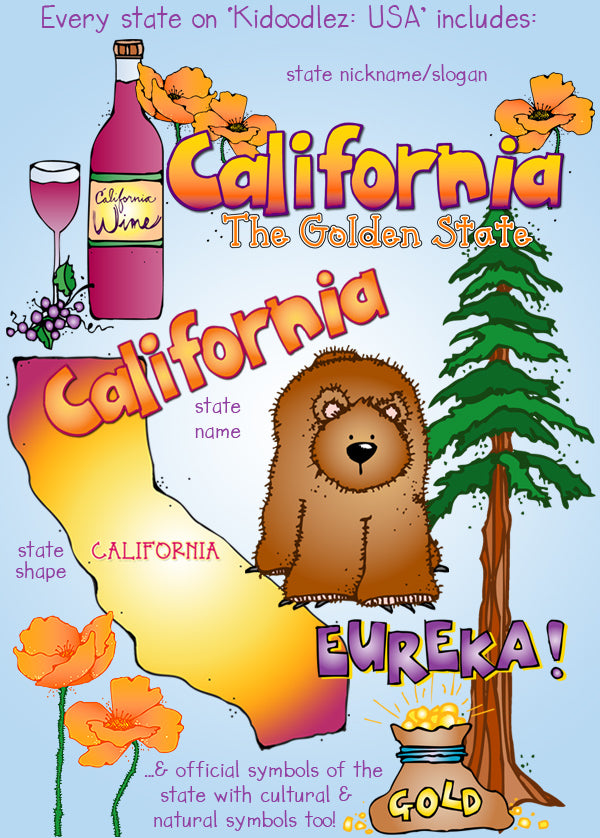 USA Clip Art Kid Doodles - 50 Nifty State Symbols Collection