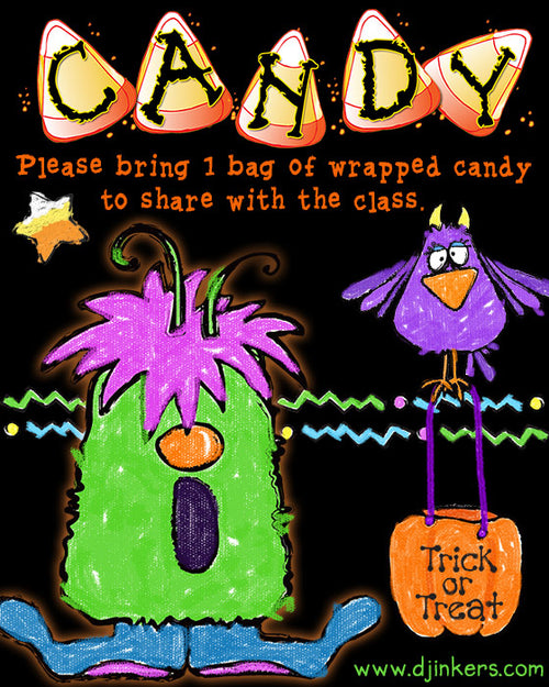 Bring a bag of candy to share!  Monster clip art by DJ Inkers