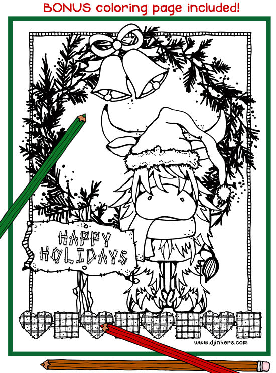 Happy Holidays Highland cow coloring page by DJ Inkers