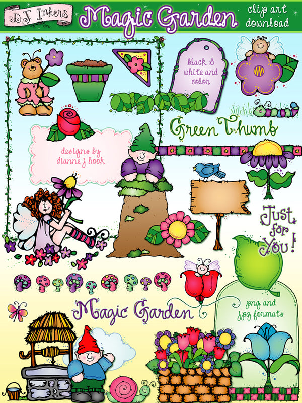 Magical garden clip art gnomes, fairies and flowers by DJ Inkers