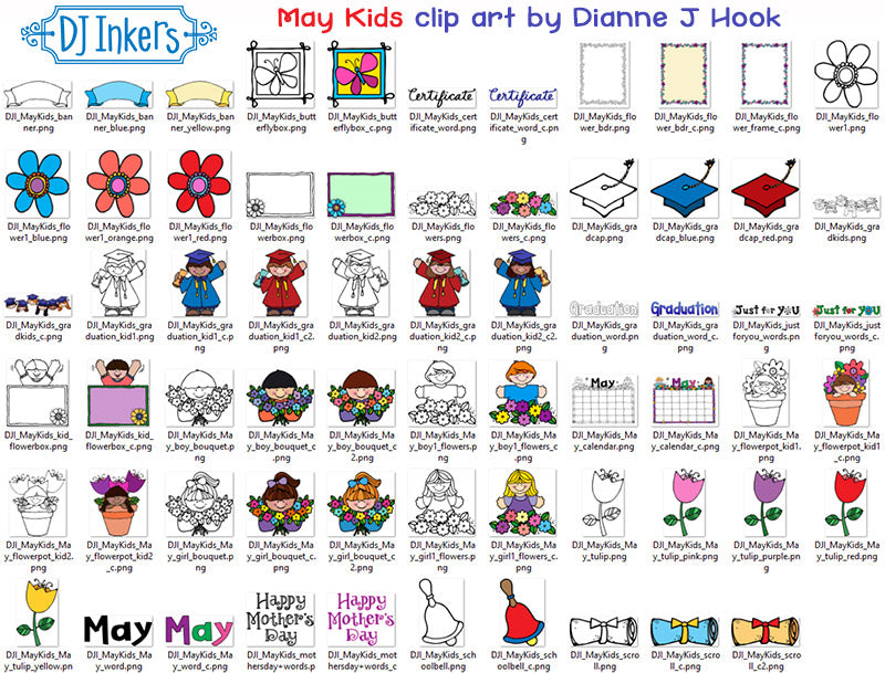 Cute springtime clip art for May, Graduation and Mother's Day for kids