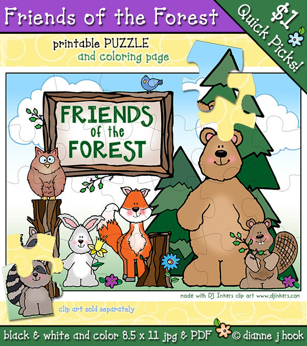 Friends of the Forest Printable Puzzle and Coloring Page