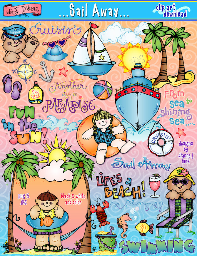 cute clip art for beach, cruise and summer vacation fun by DJ Inkers