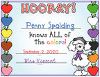 I know my colors printable certificate for kids made with DJ Inkers clip art