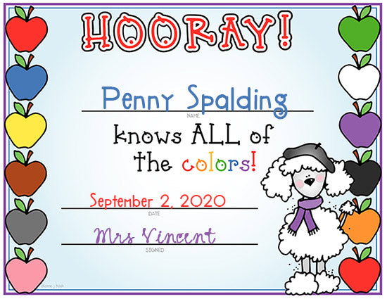 I know my colors printable certificate for kids made with DJ Inkers clip art