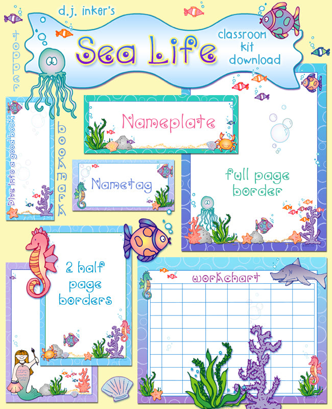 Sea Life Classroom theme Kit - borders and printables with mermaids and fish by DJ Inkers