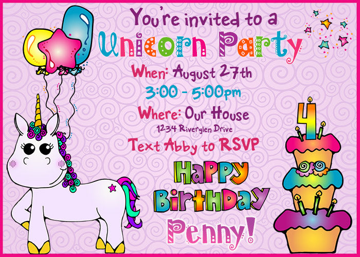 Unicorn party invitation with magical clip art by DJ Inkers