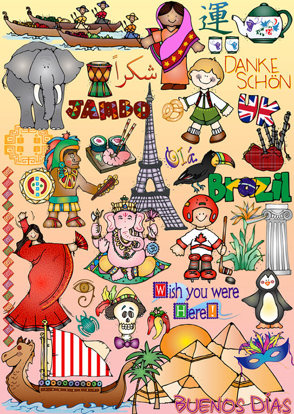 Cute kids clip art for world studies, travel, culture & diversity around the world by DJ Inkers