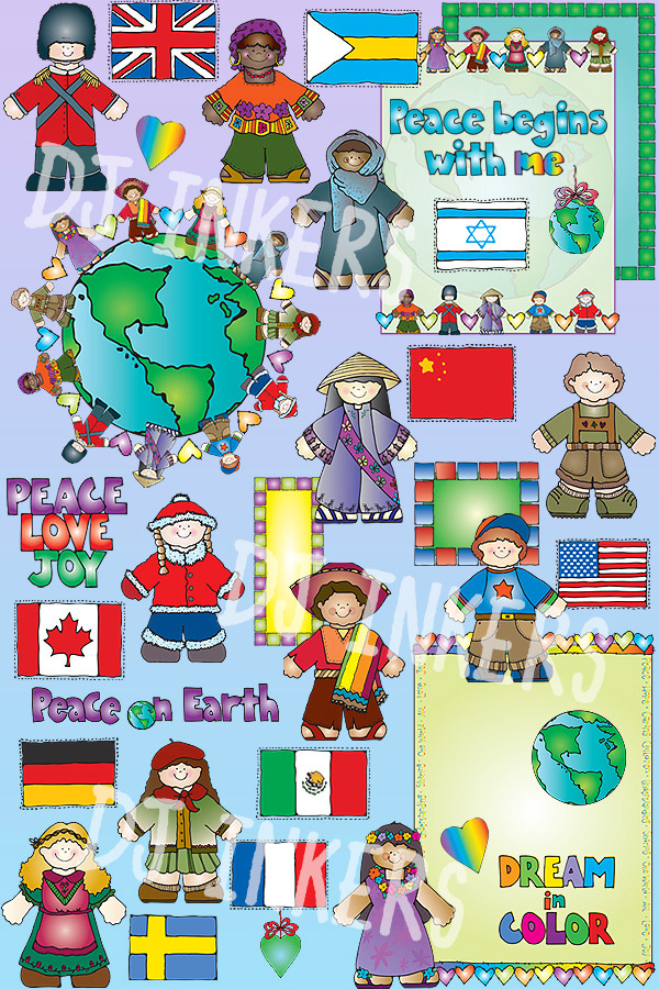 Kids around the world clip art with boys, girls and flags from different countries by DJ Inkers