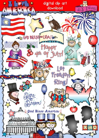 I Love America is full of patriotic clip art for the 4th or July and smiles in the USA -DJ Inkers