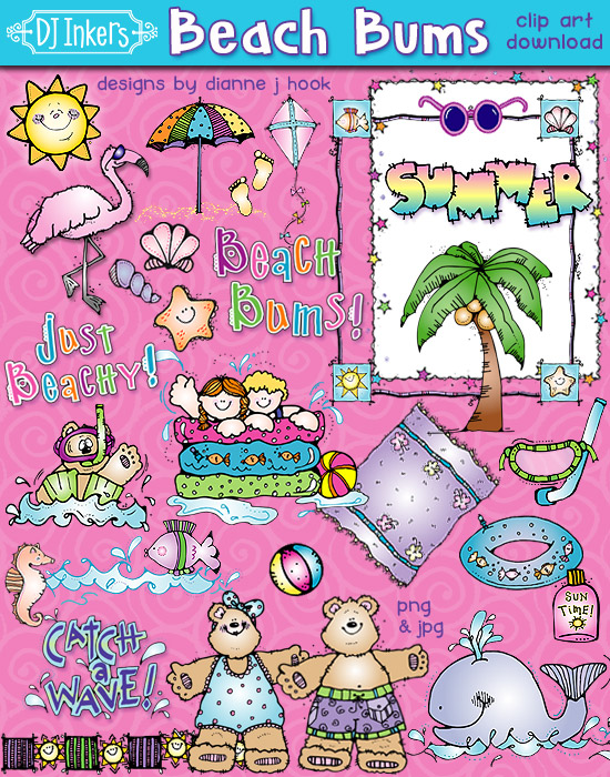Cute summer clip art for beach bums and swimming by DJ Inkers