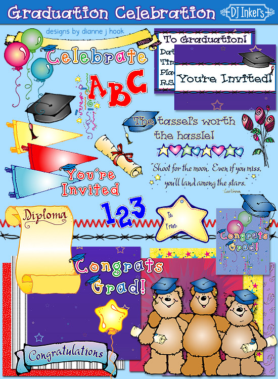 DJ Inkers' Graduation Celebration is full of clip art to make celebrating graduates colorful and fun