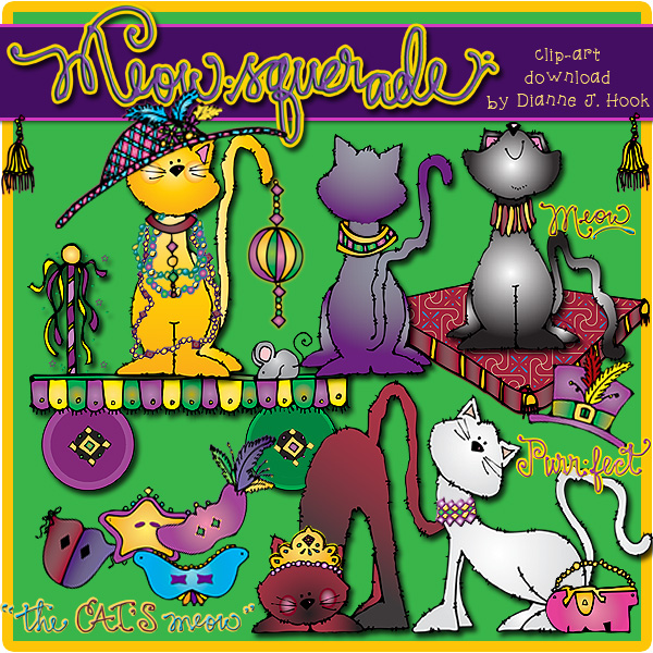 Clip art cats with dress-ups and hats for Mardi Gras, Halloween and cat lovers by DJ Inkers