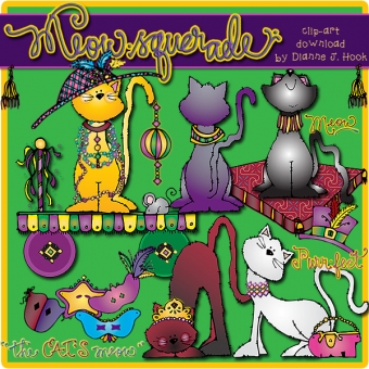 Clip art cats with dress-ups and hats for Mardi Gras, Halloween and girl parties - DJ Inkers