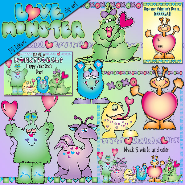 Love Monster Valentine clip art for kids and boys by DJ Inkers