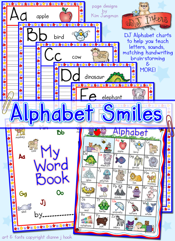 Alphabet Smiles - letters and beginning sounds writing pages for kids and classrooms by DJ Inkers