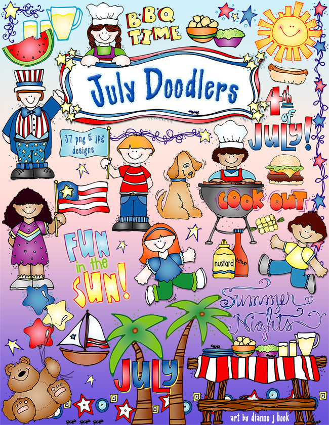 July themed clip art for summer party invitations and recipes, patriotic projects, event fliers, scrapbooks and more.