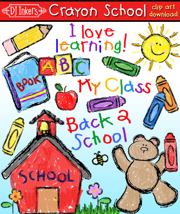 Cute crayon style clip art for teachers, schools and classrooms by DJ Inkers