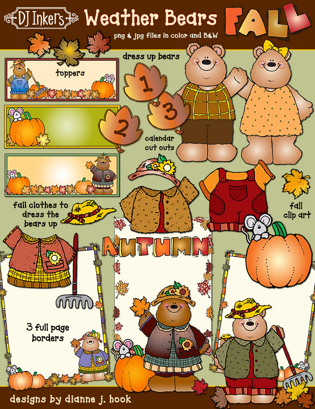 Weather Bears cute kids clip art for autumn and fall dress-up bears by DJ Inkers