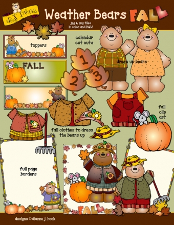 Weather Bears cute kids clip art for autumn and fun for fall -DJ Inkers