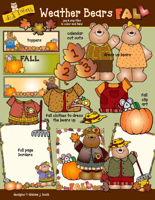 Weather Bears cute kids clip art for autumn and fun for fall -DJ Inkers