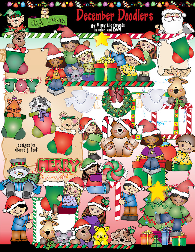 Cute kids clip art doodles for December & Christmas by DJ Inkers