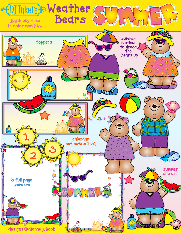 Summer dress-up bears and beach clip art for kids by DJ Inkers