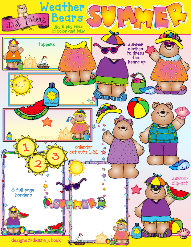 Summer Weather Bears clip art for kids, beach fun and warm weather smiles by DJ Inkers