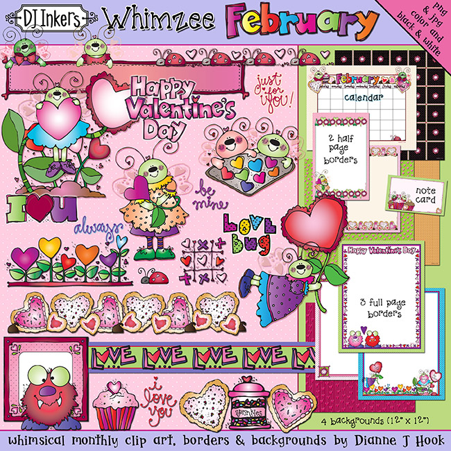 February Whimzee Lovebug Clip Art, Borders & Backgrounds