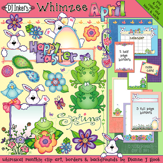 Whimsical spring clip art, borders & backgrounds for Easter & April smiles by DJ Inkers