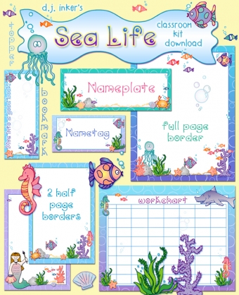 Sea Life Classroom theme Kit - borders and printables with mermaids and fish by DJ Inkers