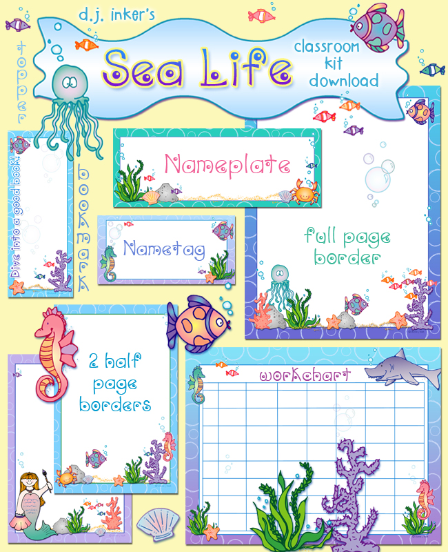 Sea Life Classroom Kit - borders and printables with mermaids and fish under the sea by DJ Inkers
