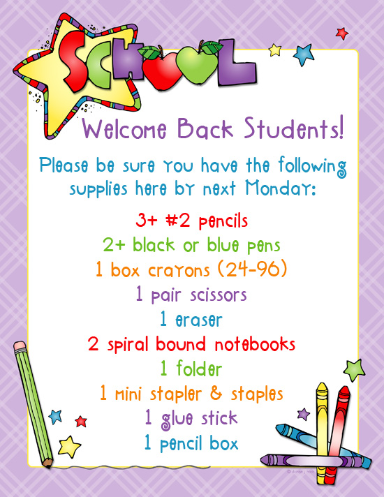 School supply list with cute clip art by DJ Inkers