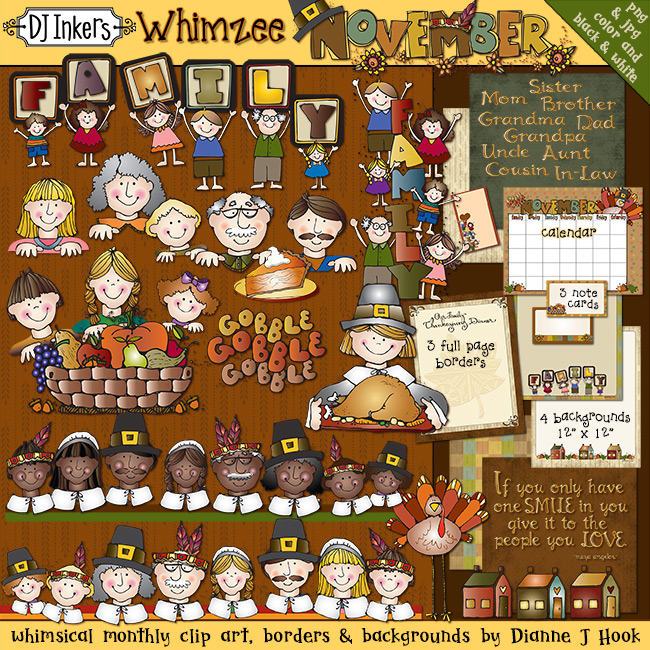 Whimsical family clip art and borders for Thanksgiving and November by DJ Inkers