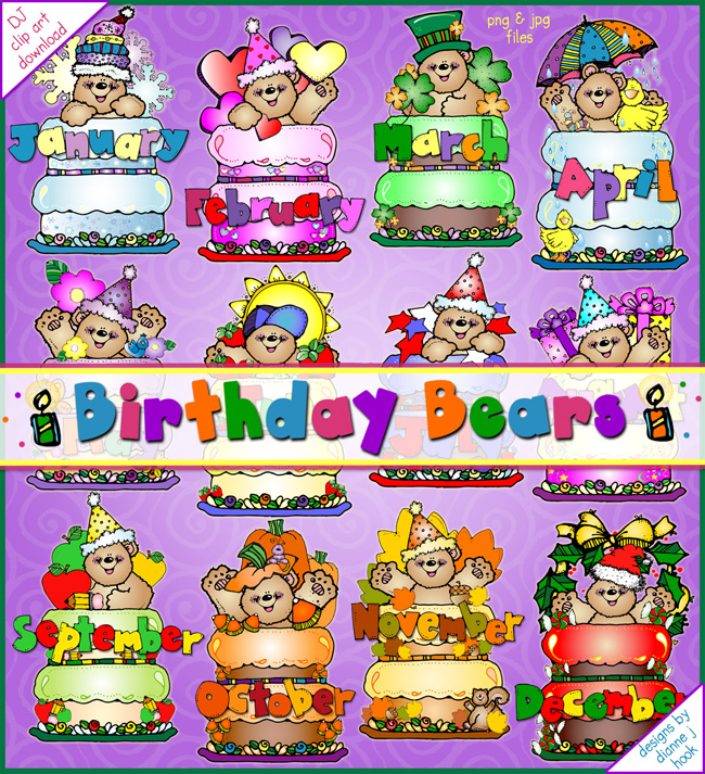 Cute bears and birthday cake clip art for each month by DJ Inkers