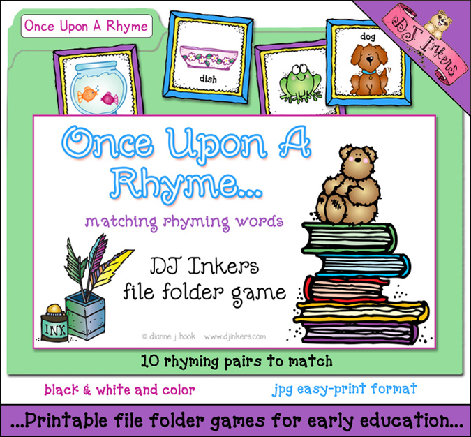 A printable file folder game to teach rhyming words in early education by DJ Inkers