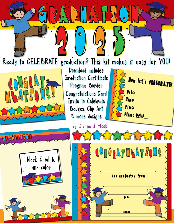 Printable Graduation certificate, program and clip art for Kindergarten and Elementary School by DJ Inkers