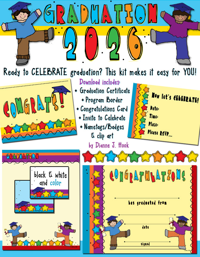Printable Graduation certificate, program and clip art for Kindergarten and Elementary School by DJ Inkers