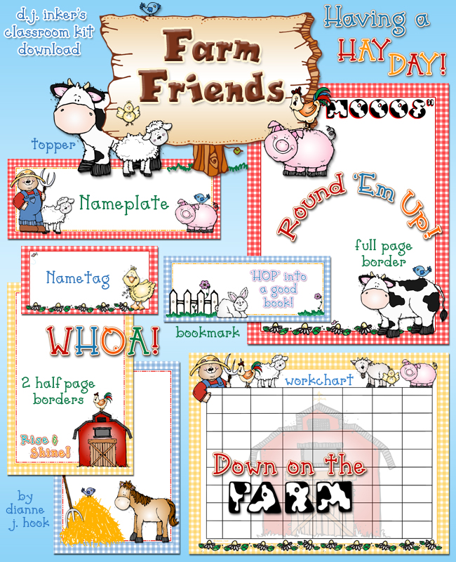Farm Friends borders and printable projects for the classrooms with barnyard animal clip art by DJ Inkers
